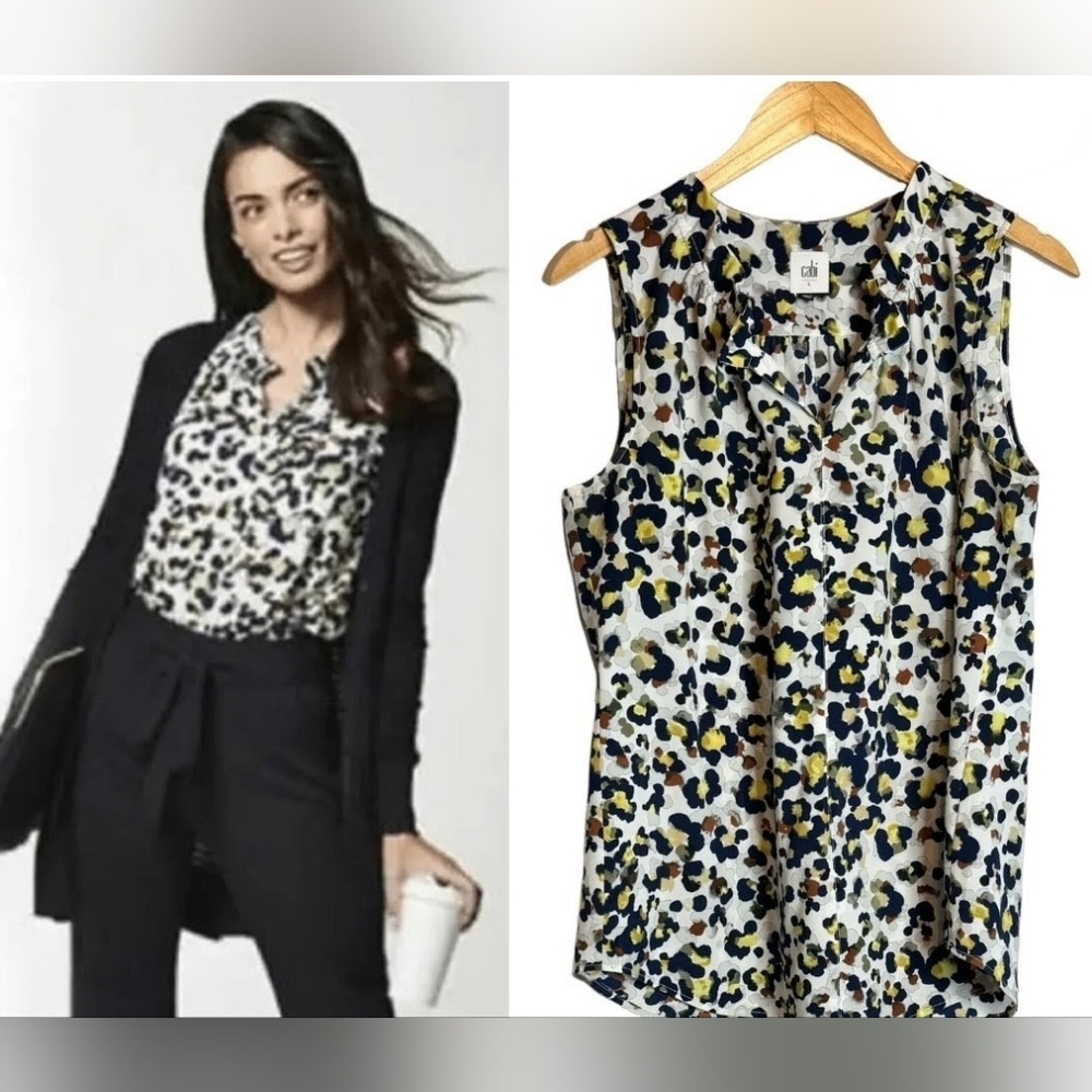 CAbi Chic Women's Sleeveless Blouse - Black, Blue, Yellow Print - Cheetah PTP 19